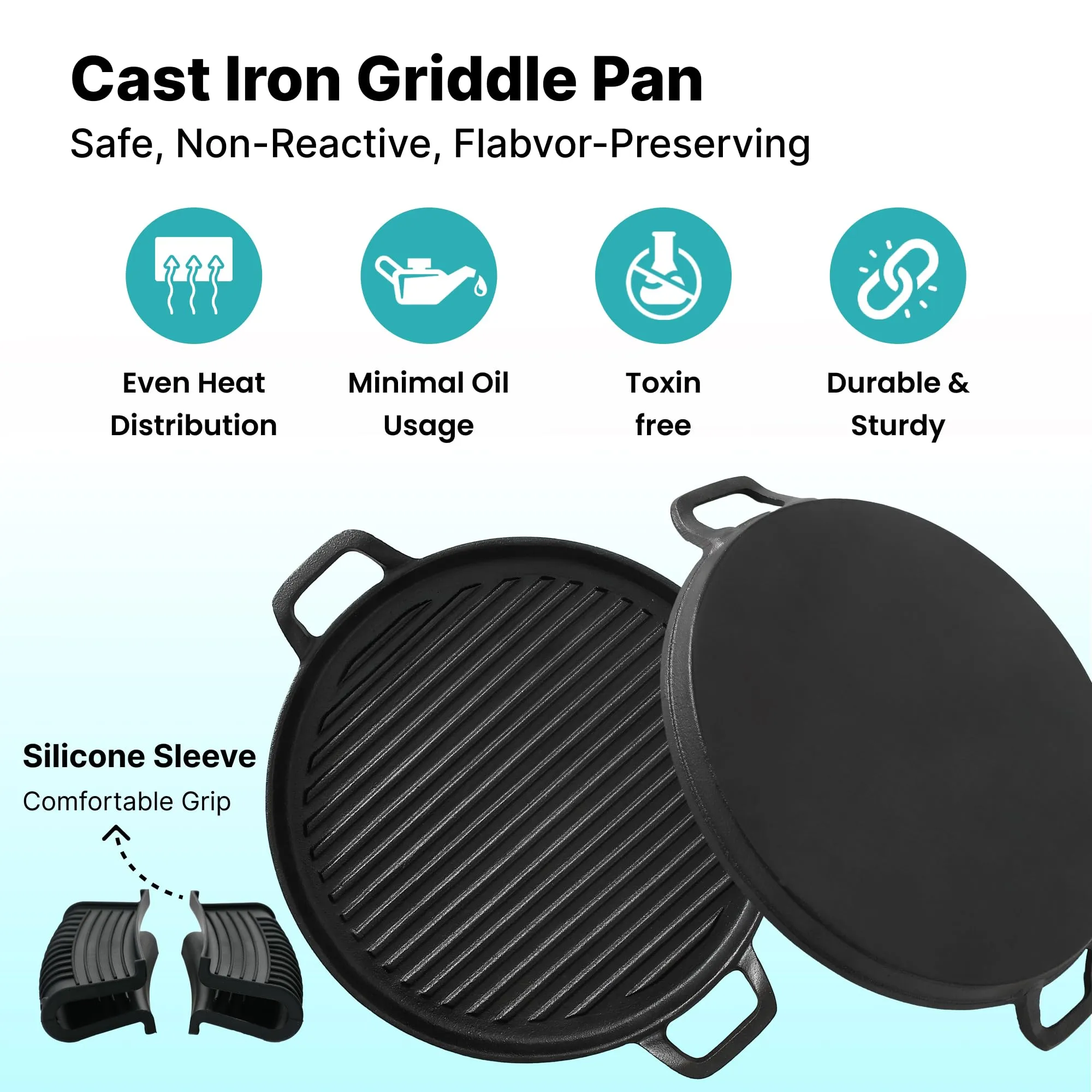 The Better Home Rustic Series Cast Iron Cookware (30cm) | Enamel Coated Grill Pan Cast Iron | Cast Iron Skillet |Gas Grill Tawa | Rust Proof Iron Egg Fish Fry Pan | Gas & Induction Friendly (Black)