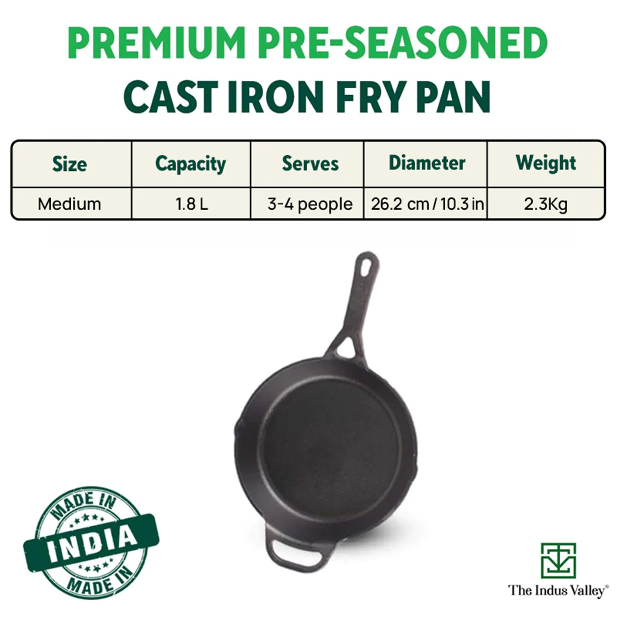 The Indus Valley Preseasoned Cast Iron Fry Pan/Skillet With Long Handle|Medium 26.2Cm/10.3Inch, 1.8Ltr, 2.3Kg|Induction Friendly|Nonstick Fry Pan, 100% Pure & Toxin Free, No Chemical Coating, Black