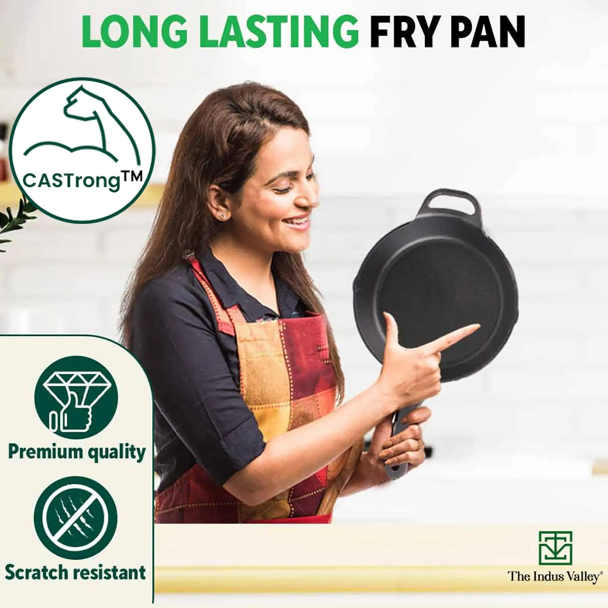 The Indus Valley Preseasoned Cast Iron Fry Pan/Skillet With Long Handle|Medium 26.2Cm/10.3Inch, 1.8Ltr, 2.3Kg|Induction Friendly|Nonstick Fry Pan, 100% Pure & Toxin Free, No Chemical Coating, Black