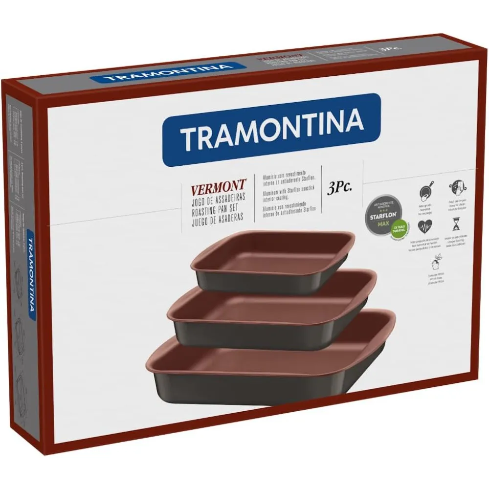 Tramontina Brazil  Vermont 3 Pieces Graphite Aluminum Roasting Pan Set with Copper Interior Starflon Max PFOA Free Nonstick Coating