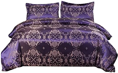 Vagasi 3 Pieces Duvet Cover Set Jacquard Satin Silk-Like