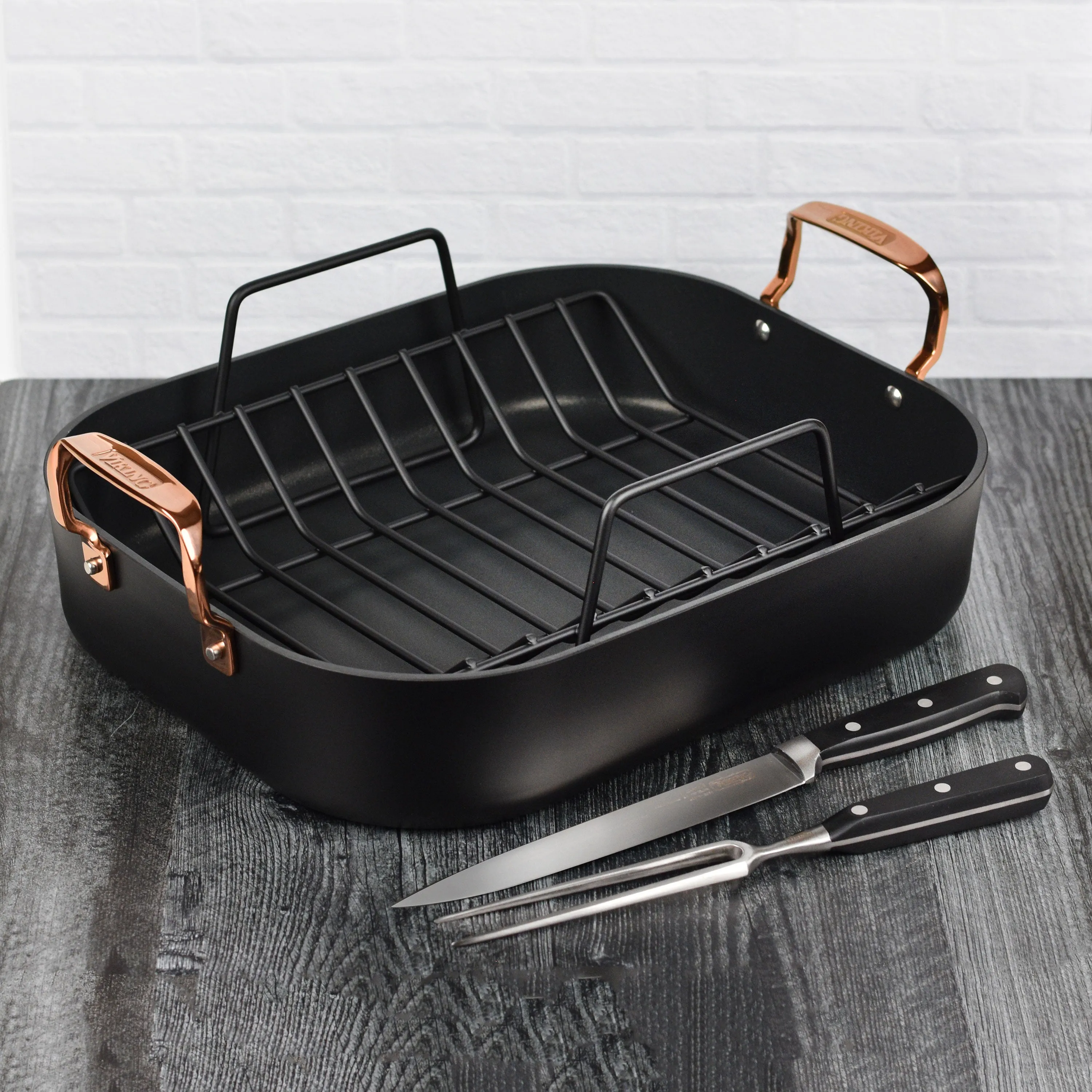 Viking Hard Anodized Nonstick Roasting Pan Set with Copper Handles