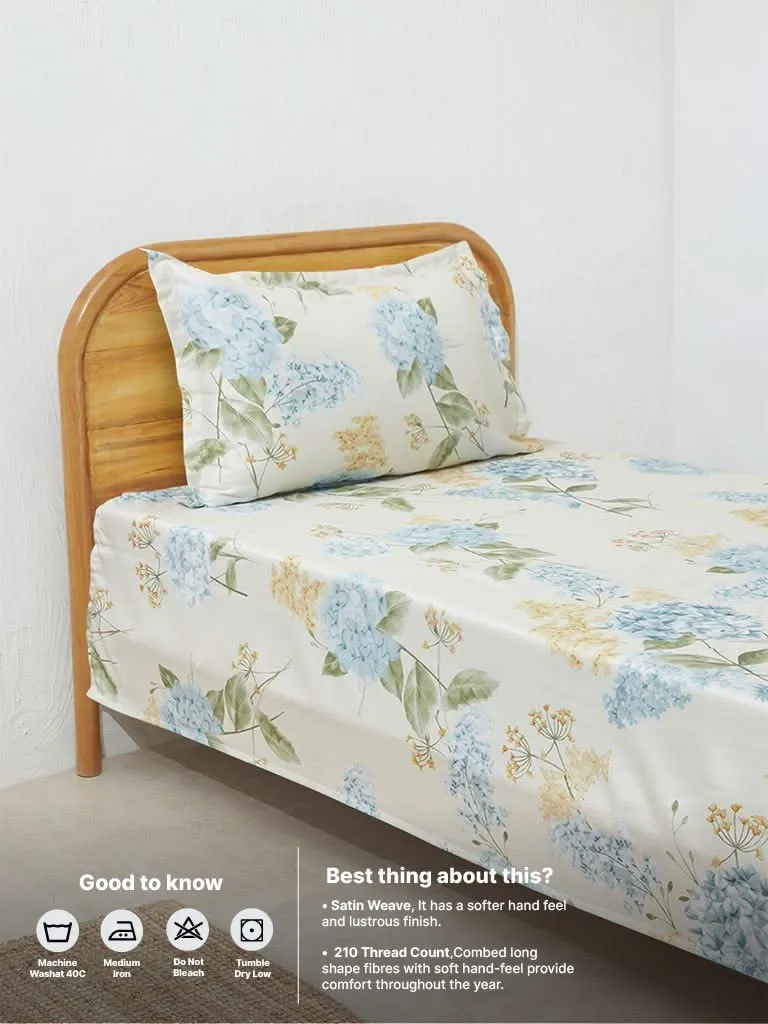 Westside Home Aqua Hydrangea Design Single Bed Flat Sheet and Pillowcase Set