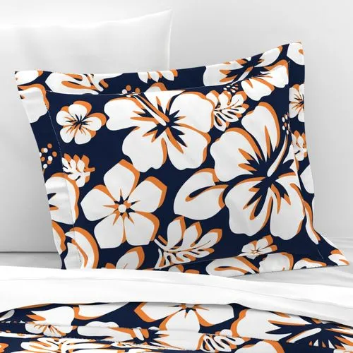 White and Orange Hibiscus Hawaiian Flowers on Navy Blue Pillow Sham