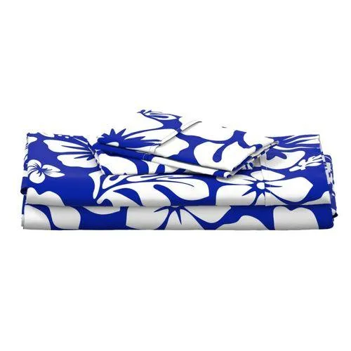 White Hawaiian Flowers on Royal Blue Sheet Set from Surfer Bedding™️ Medium Scale