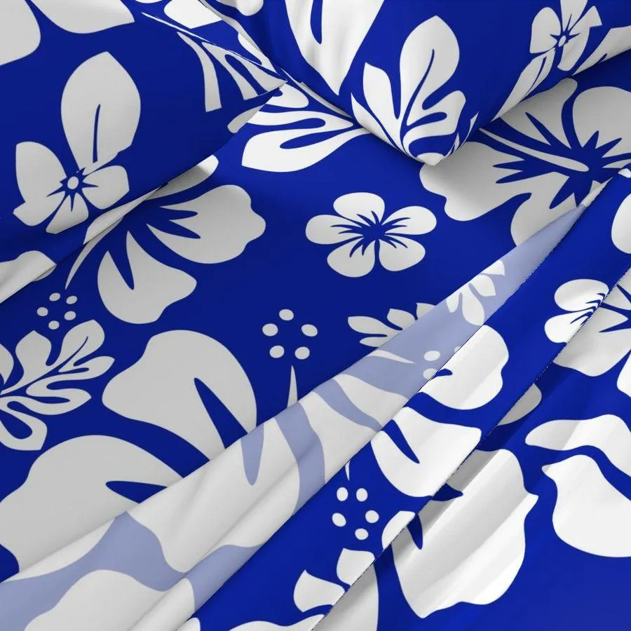 White Hawaiian Flowers on Royal Blue Sheet Set from Surfer Bedding™️ Medium Scale