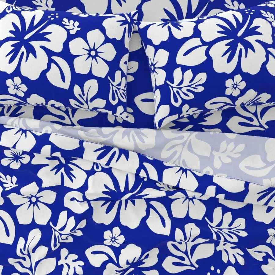 White Hawaiian Flowers on Royal Blue Sheet Set from Surfer Bedding™️ Medium Scale