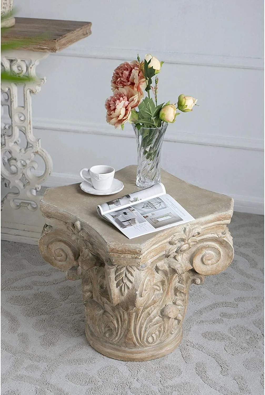 Wooden Twist Hand Carved Pedestal Style End Table Mango Wood