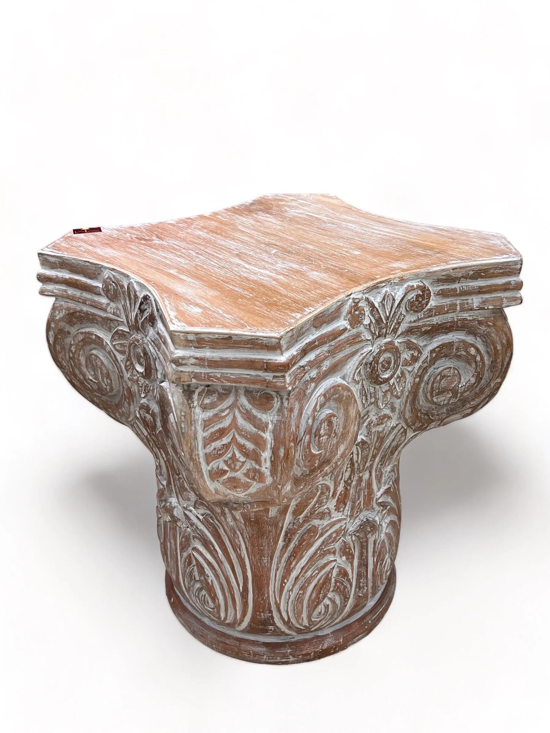 Wooden Twist Hand Carved Pedestal Style End Table Mango Wood