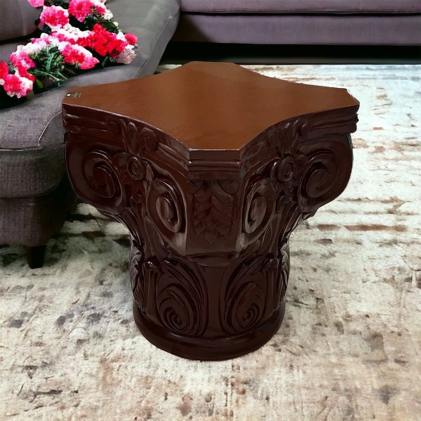 Wooden Twist Hand Carved Pedestal Style End Table Mango Wood