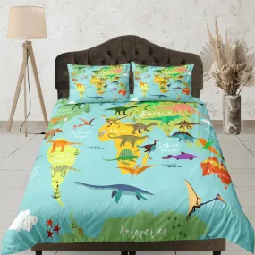 World map dinosaur bedding, kids bedding full, cute duvet cover set, dinosaur nursery bed decor, colorful bedding, baby dinosaur, toddler