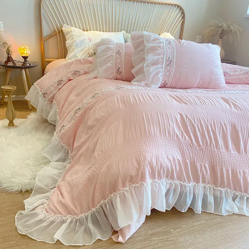 Yeknu Pink Korean Princess Style Lace Ruffles Wedding Bedding Set Seersucker Washed Cotton Soft Duvet Cover Set Bed Sheet Pillowcases