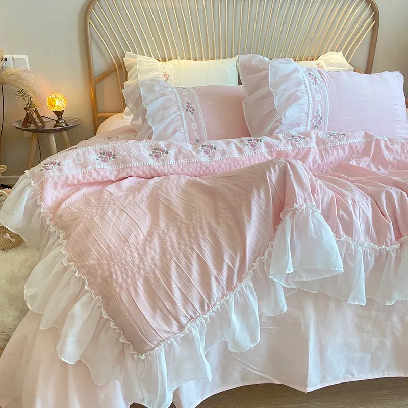 Yeknu Pink Korean Princess Style Lace Ruffles Wedding Bedding Set Seersucker Washed Cotton Soft Duvet Cover Set Bed Sheet Pillowcases