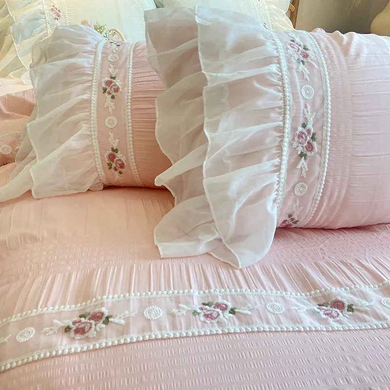 Yeknu Pink Korean Princess Style Lace Ruffles Wedding Bedding Set Seersucker Washed Cotton Soft Duvet Cover Set Bed Sheet Pillowcases