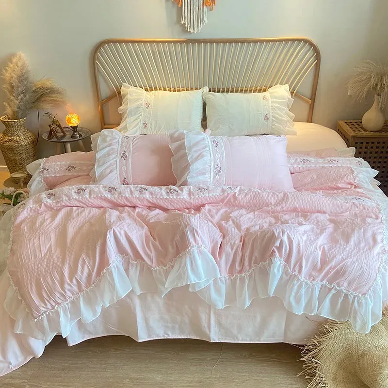 Yeknu Pink Korean Princess Style Lace Ruffles Wedding Bedding Set Seersucker Washed Cotton Soft Duvet Cover Set Bed Sheet Pillowcases